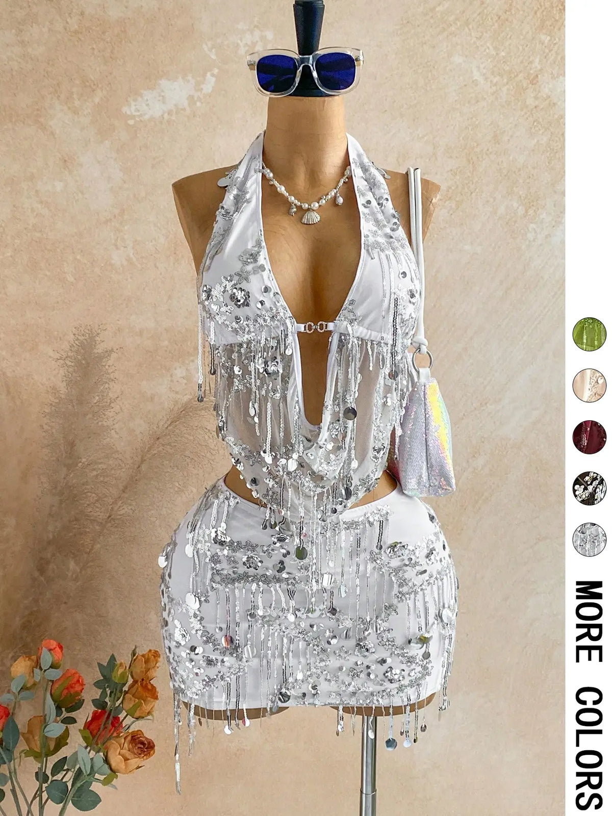2 Halter Sequin Fringe Crop Top Mini Skirt Set Women | Mesh Sheer Two Piece Outfit | Y2K Party Nightclub Rave Wear Clothes