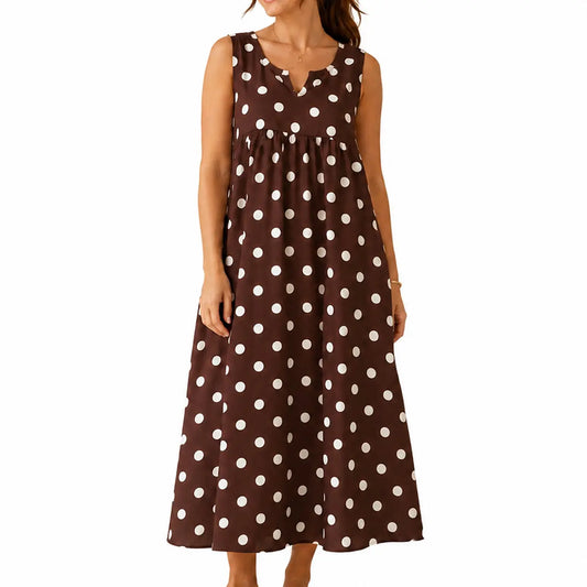 GLAMONIQUE Women's Brown Polka Dot H-Type Maxi Dress - Sleeveless V-Neck Spaghetti Strap, Lightweight Flowy, Side Slit, Adjustable Casual Wear for Outdoor, Vacation