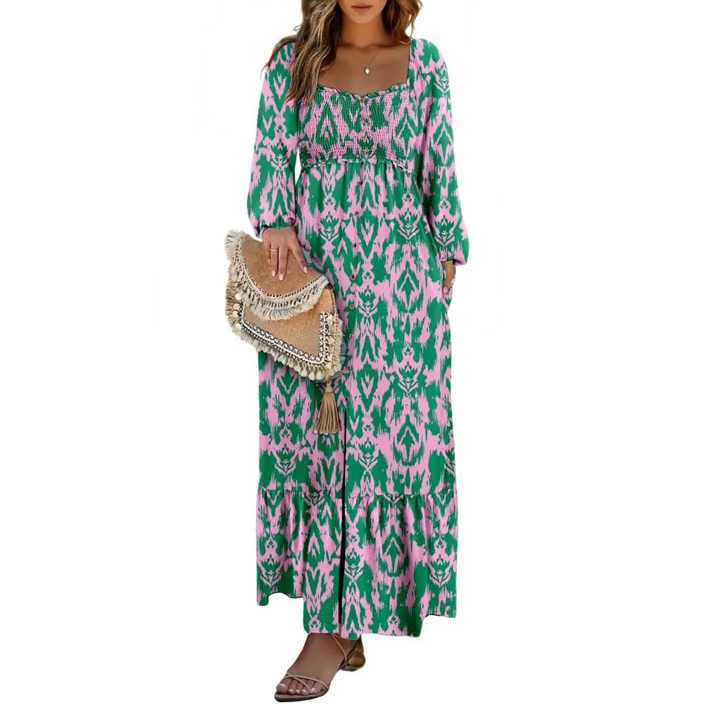 Dokotoo Womens Dresses Boho Floral Smocked Empire Waist Square Neck Long Sleeve Button Maxi Dress Beach Vacation Sundresses