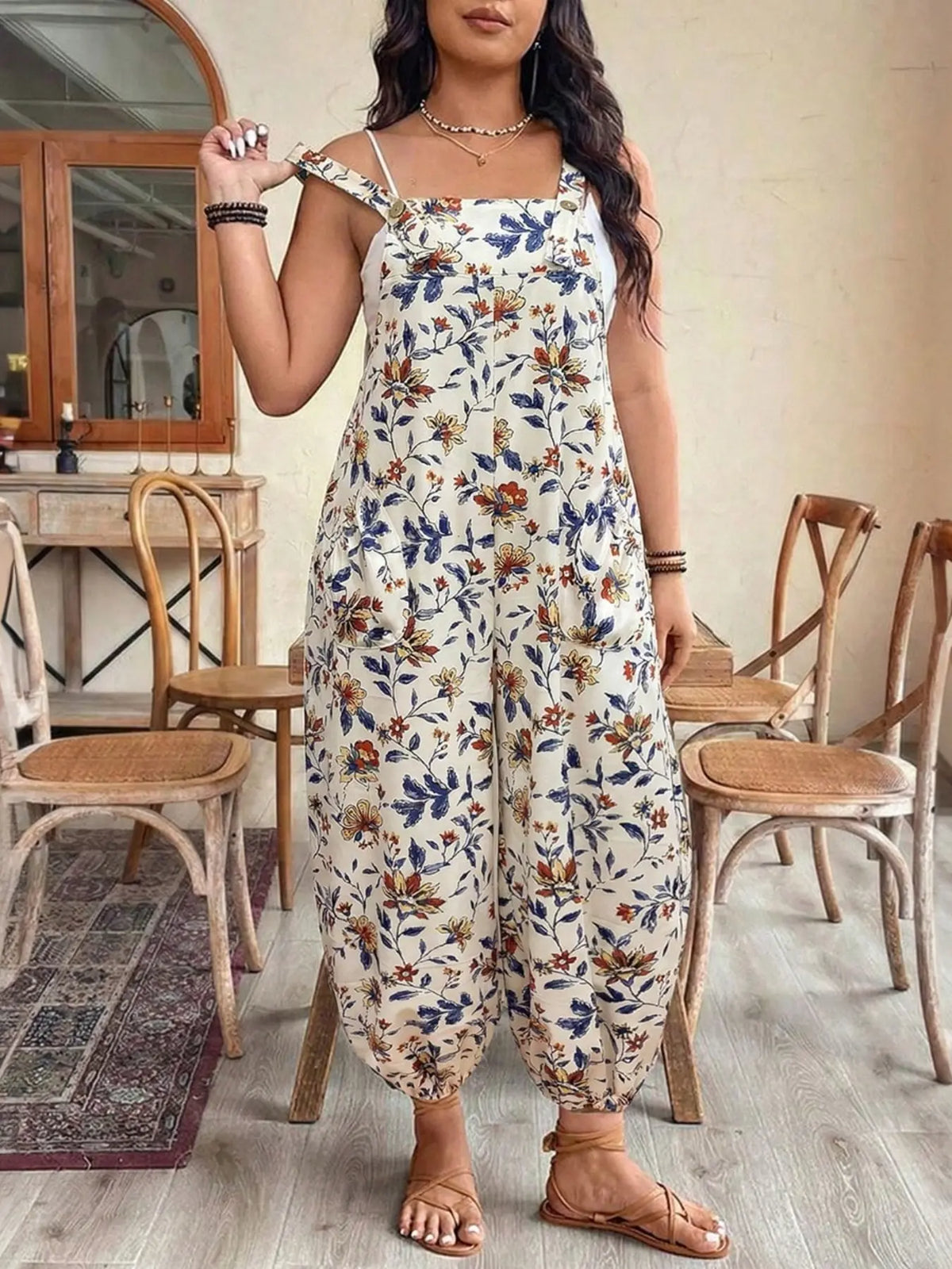 [Plus Size] Geometric Fitted Overalls Jumpsuit, Casual Comfy Sleeveless Jumpsuit for Daily Wear, Women's Plus Womenswear Clothing for All Seasons, Overall Jumpsuits