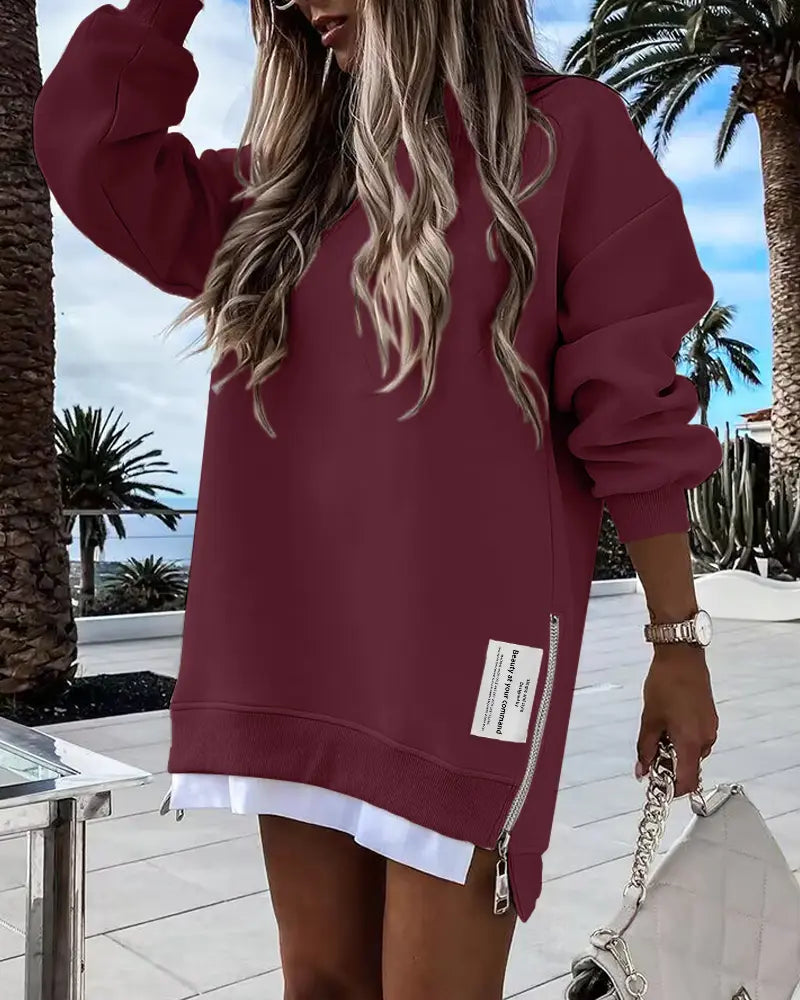CHICME 2026 Women's Oversized Fall Long Sleeve Pullover Sweatshirt Zipper Slit Casual Dress Drop Shoulder Outfits