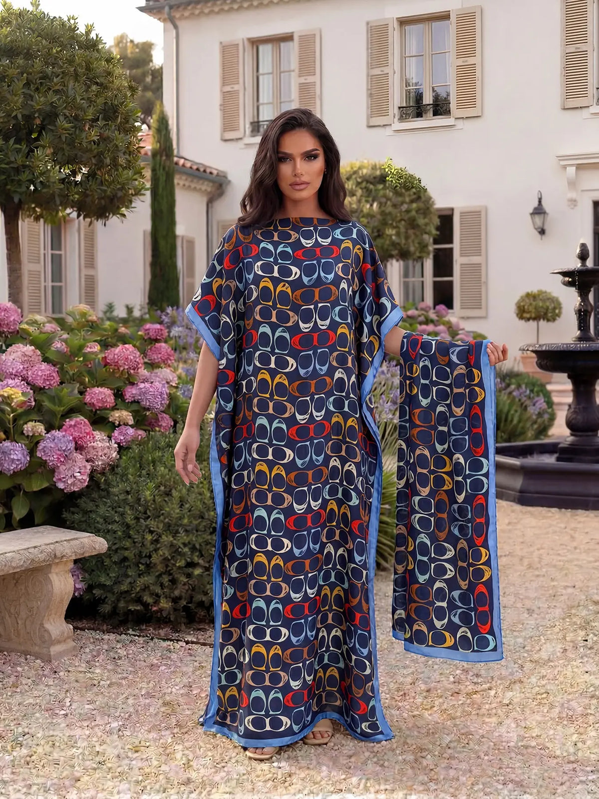 Women's Elegant Chic Geometric Print Robe Set, Casual Fitted Long Dress & Scarf, Beach Resort Wear Sun Protection Satin Matching Set Shawl