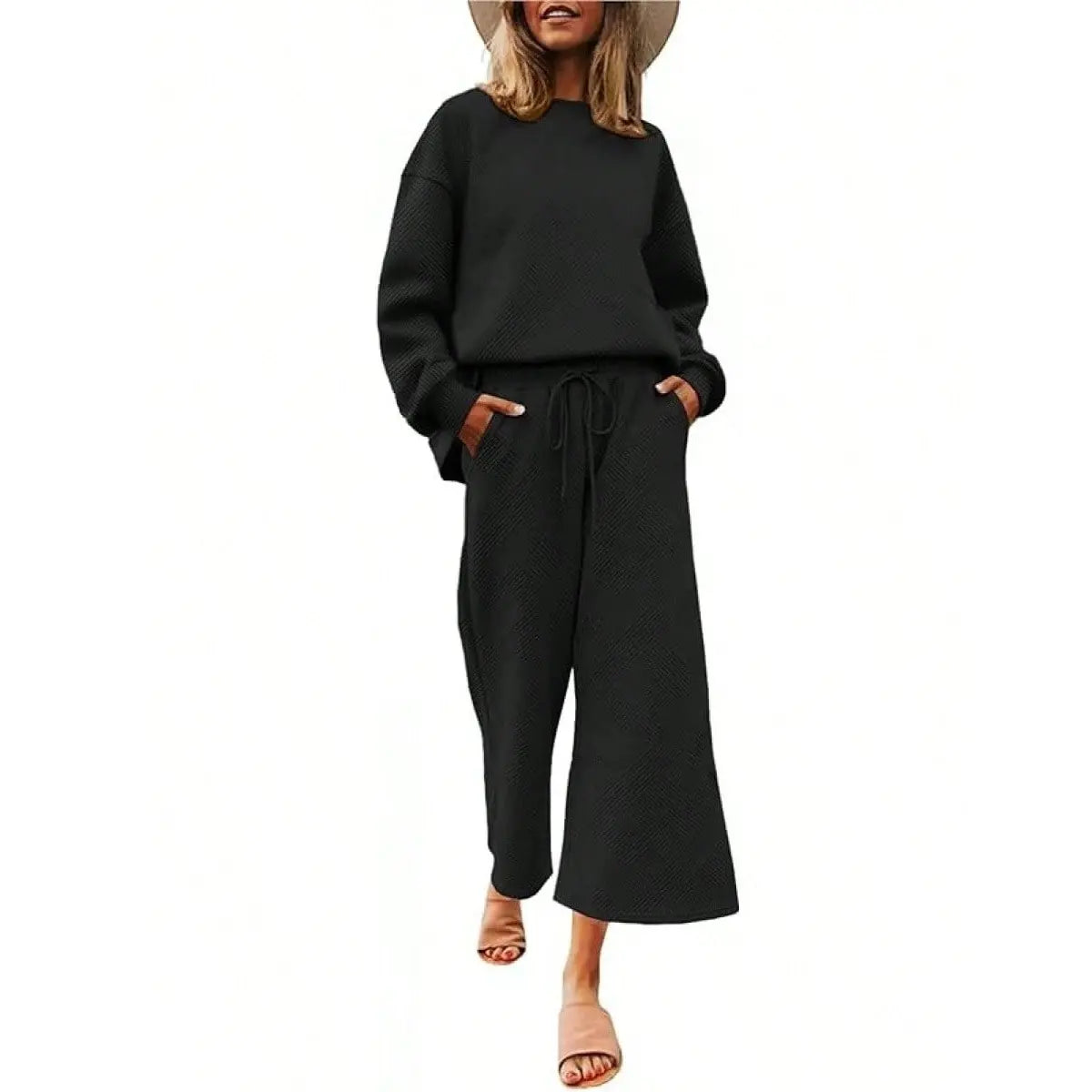 FISOEW Women's 2-Piece Basic Matching Set - Soft Cozy Textured Casual Loungewear Nightwear, Short Sleeve Top & Drawstring Cropped Wide Leg Pants (Women's Clothes)