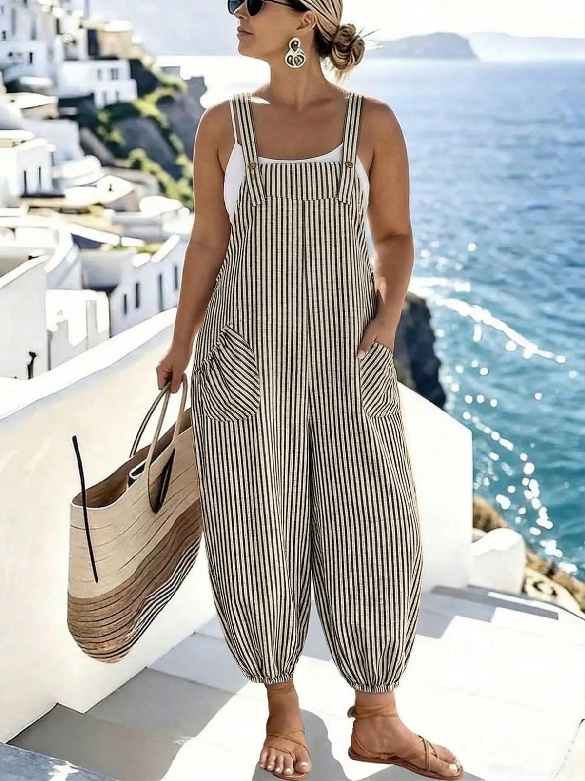 [Plus Size] Geometric Fitted Overalls Jumpsuit, Casual Comfy Sleeveless Jumpsuit for Daily Wear, Women's Plus Womenswear Clothing for All Seasons, Overall Jumpsuits