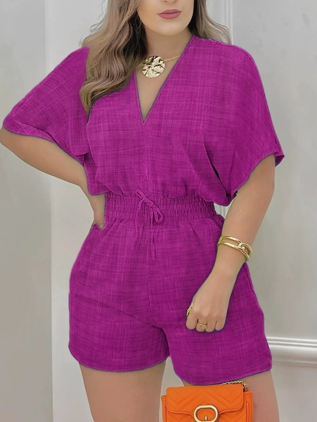 Women's Plain Drawstring Shirred Waist V Neck Romper, Casual Half Sleeve Zipper Back High Waist Romper for Summer, Fashion Women's Clothing for Daily Wear, Casual Rompers