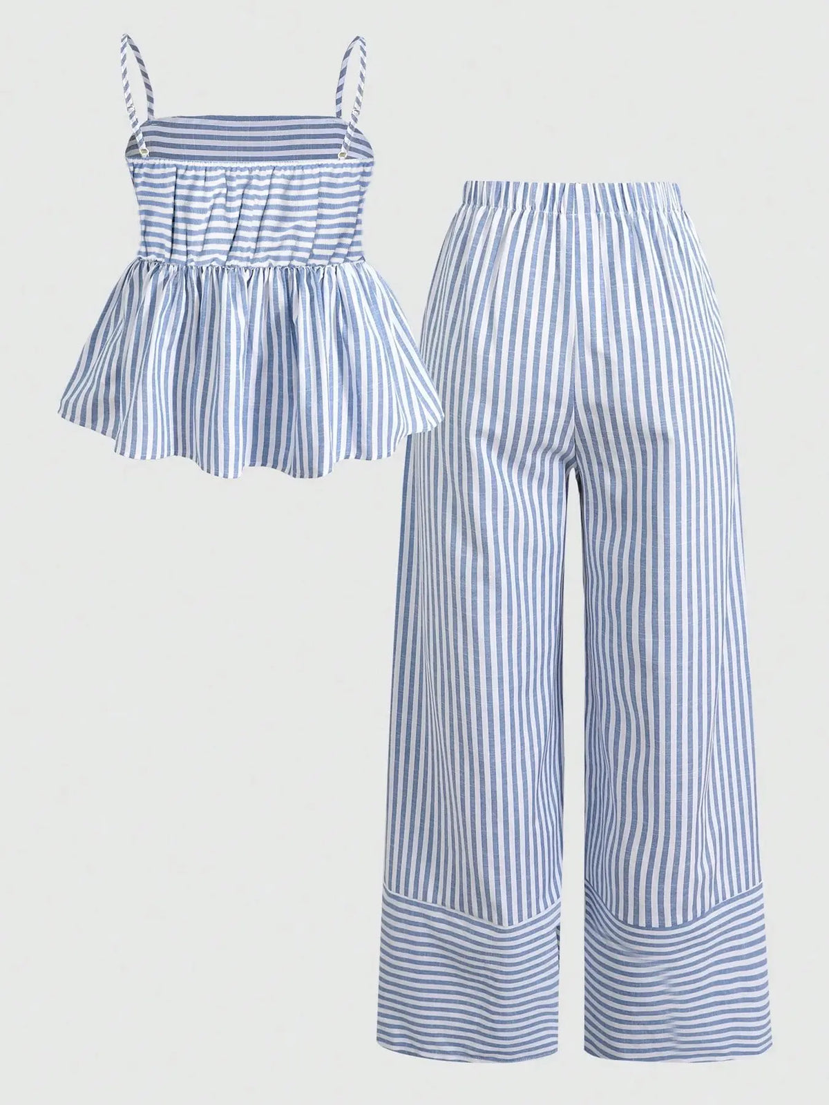 2 Piece Summer Blue Striped Set Tank Top + Wide Leg Pants, Casual Vacation, summer matching sets, College Style Two-Piece Set, Loose-Fitting Pants Set Outfit