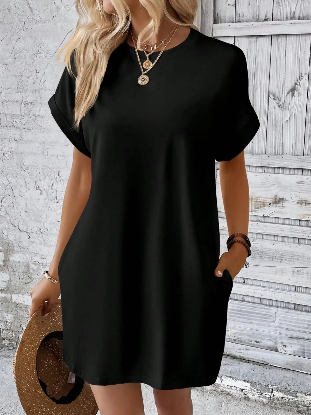 Women's Plain Minimalist Pocket Batwing Sleeve Tee Dress, Everyday Casual Round Neck Roll Up Sleeve Short Dress for Summer, Summer Dresses, Fashion Women's Dress Loose Fit Womenswear, Apricot
