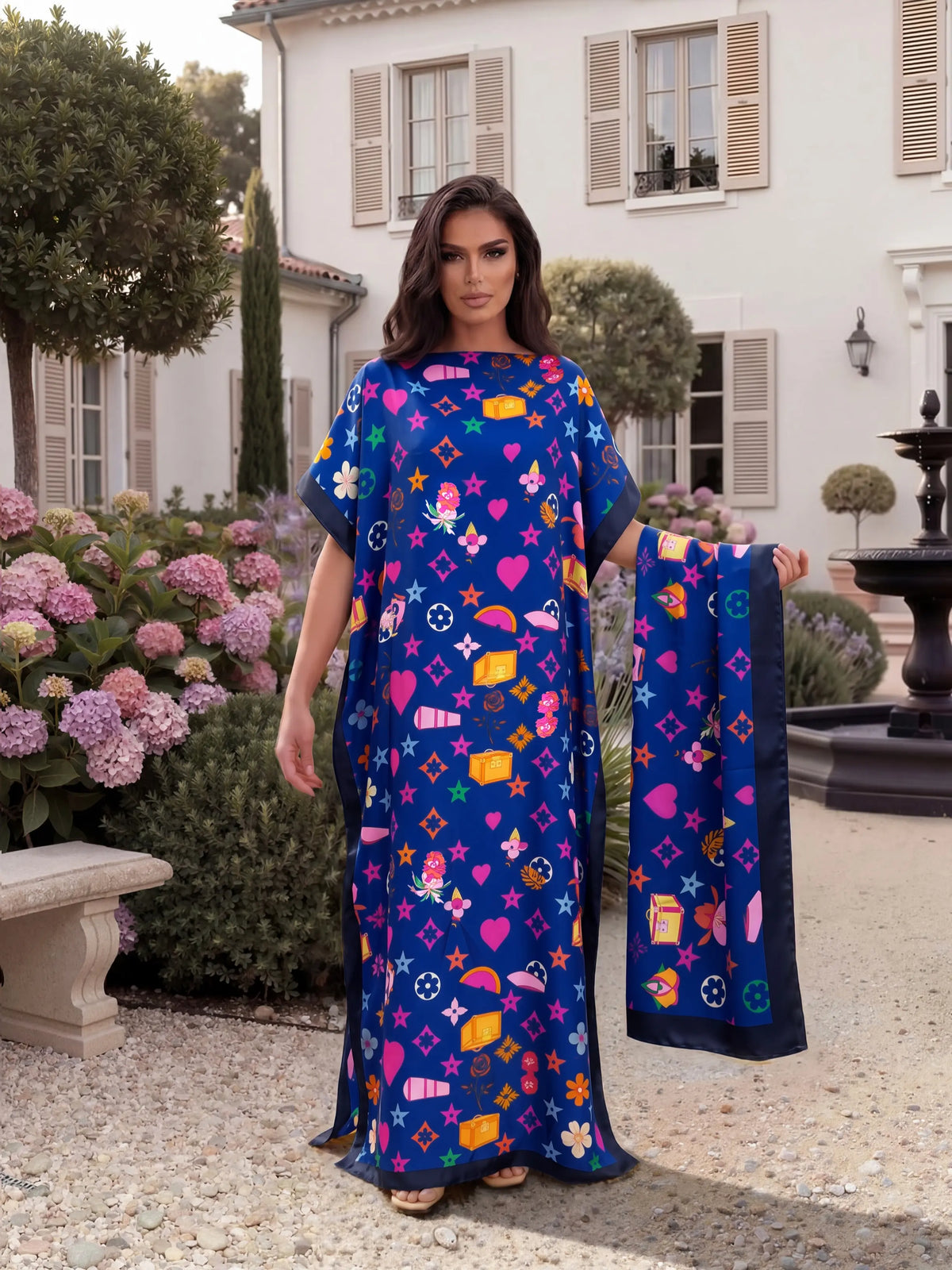 Fashionable Elegant Full-Body Print Robe Set, Moo Moo Long Dress + Headscarf Scarf, Women's Beach Sun Protection Silk Shawl, Beachy Style