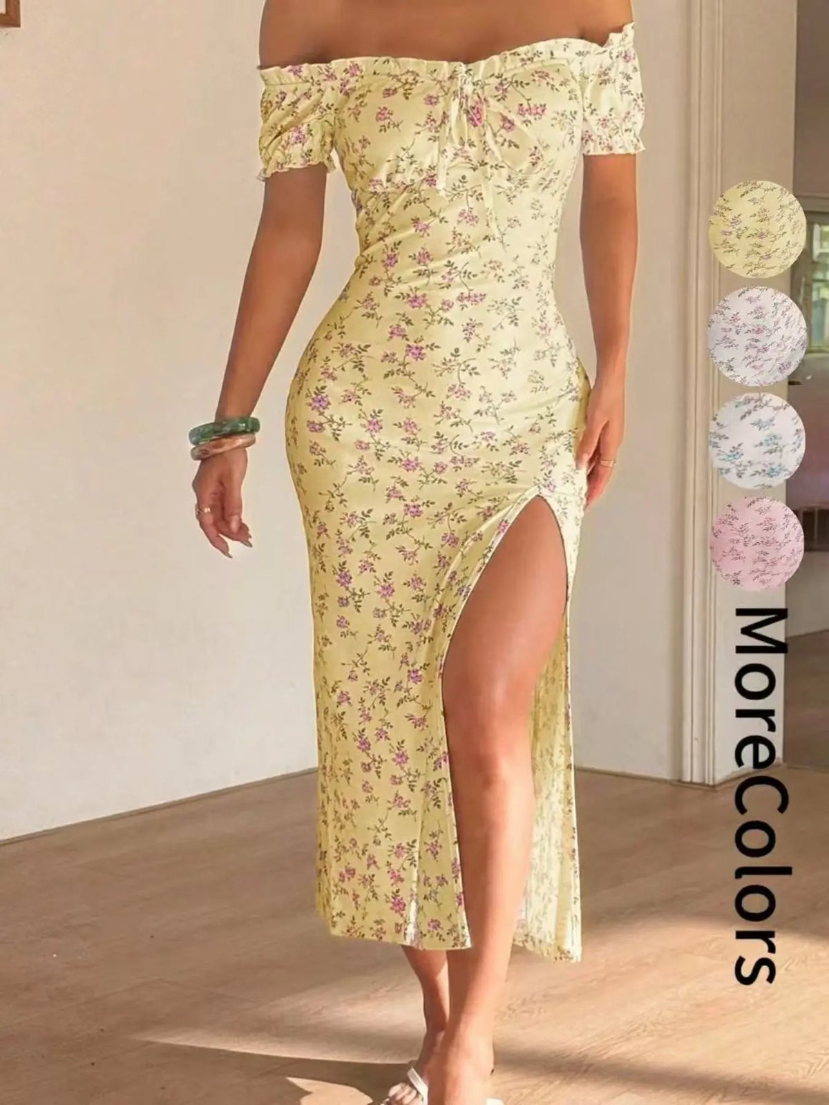 Summer Elegant Women's Ditsy Floral Bodycon Fit Dress, Floral Pattern Dress, Bohemian Style Casual Dress, Off-Shoulder Split Dress, Boho Lounge Dress, Perfect for Daily Wear, Holiday, Vacation