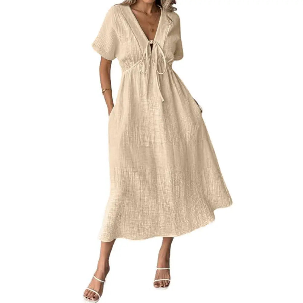 Chouyatou Women's Lightweight Solid Cotton Fabric Dress - V-Neck, Short Sleeve, Adjustable Drawstring, Elegant Bohemian Style, Loose Casual Beach Dress with Pockets, Casual Wear, Shortsleeve, Breathable, Lady, Fashion Apparel, Sun Dress, Beach Outfits