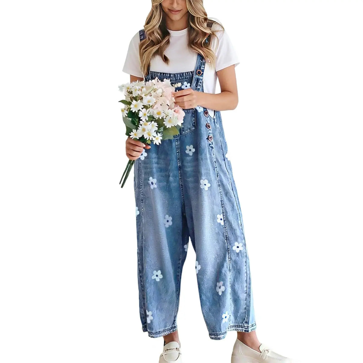 utcoco Women's Cotton Bib Overalls - Cute Floral Print Denim Jumpsuit with Baggy Wide Leg, Adjustable Straps, Vibe Fashion Apparel, Women's Fashion Back to School Clothes