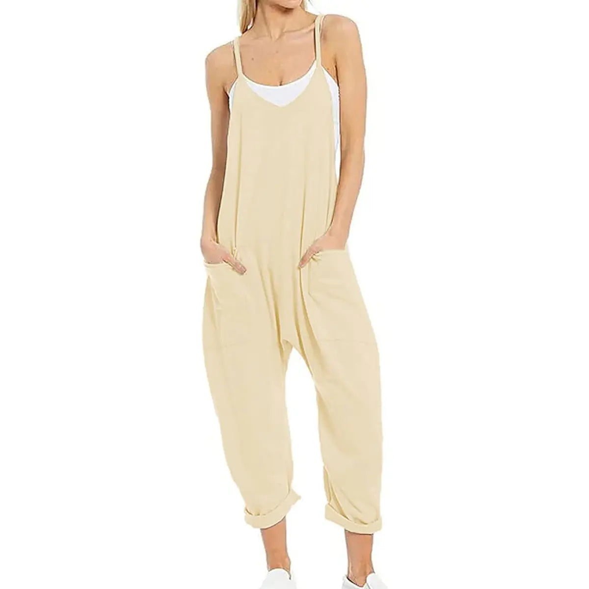 Tanming Lady's Casual Strappy V-Neck Sleeveless Harem Overalls - Stretchy Adjustable Strap Romper with Pockets, Fashion Apparel Clothing for Women, Spring-Summer Statements, Women's Clothes, Clothes For Women
