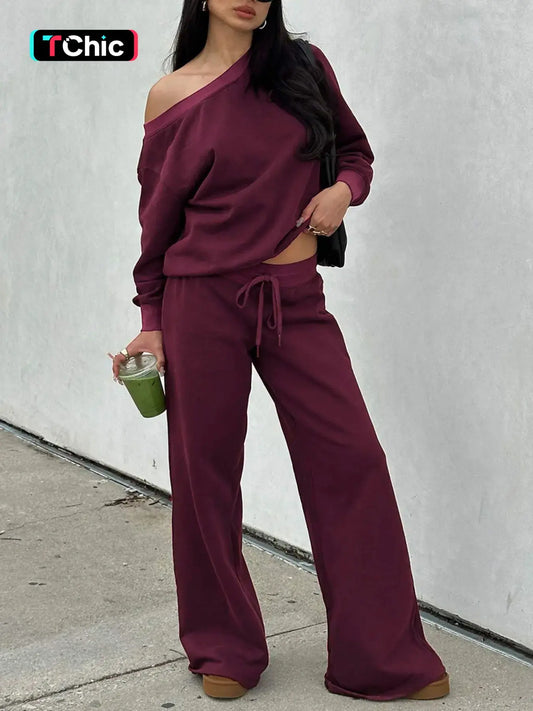 Women‘s Off the Shoulder Long Sleeve Jumper & Pants, 2 Piece Set Two Pieces Outfits Fall Basic Sweatsuit Outfits, Jumper Suit, Womenswear, Sweatshirt, Clothes, Lady