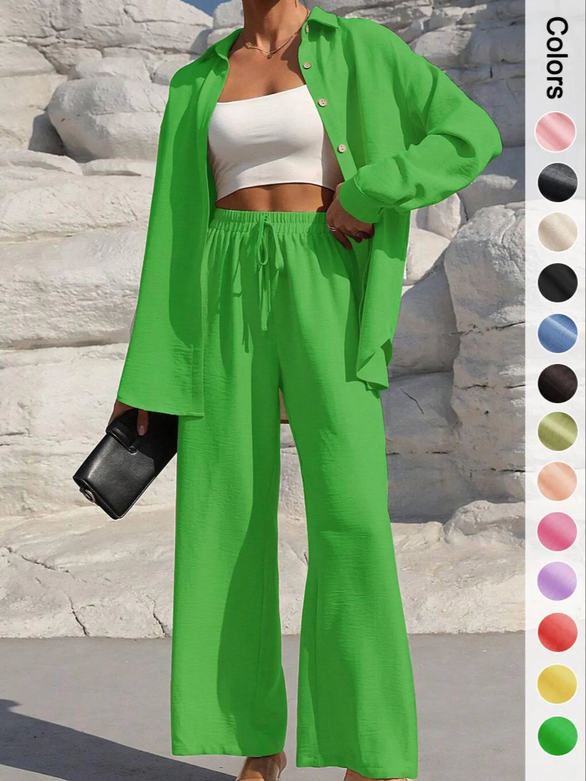 Women's Solid Button Front Shirt & Tie Front Wide Leg Pants Two-piece Set, Casual Drop Shoulder Long Sleeve Top & Trousers 2 Piece Set for Spring & Fall, Women's Clothes for Daily Wear, Casual Outfits Women, Casual Everyday Set