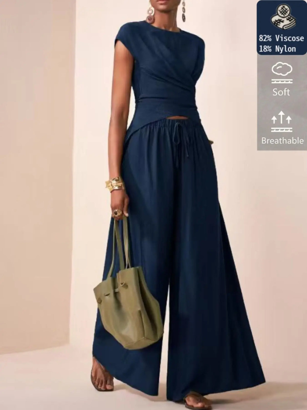 Women's Viscose Material Waist Cinched Sleeveless Blouse, Casual Minimalist Loose Long Pants Set, All Seasons Fashion Style, Pants Top Set
