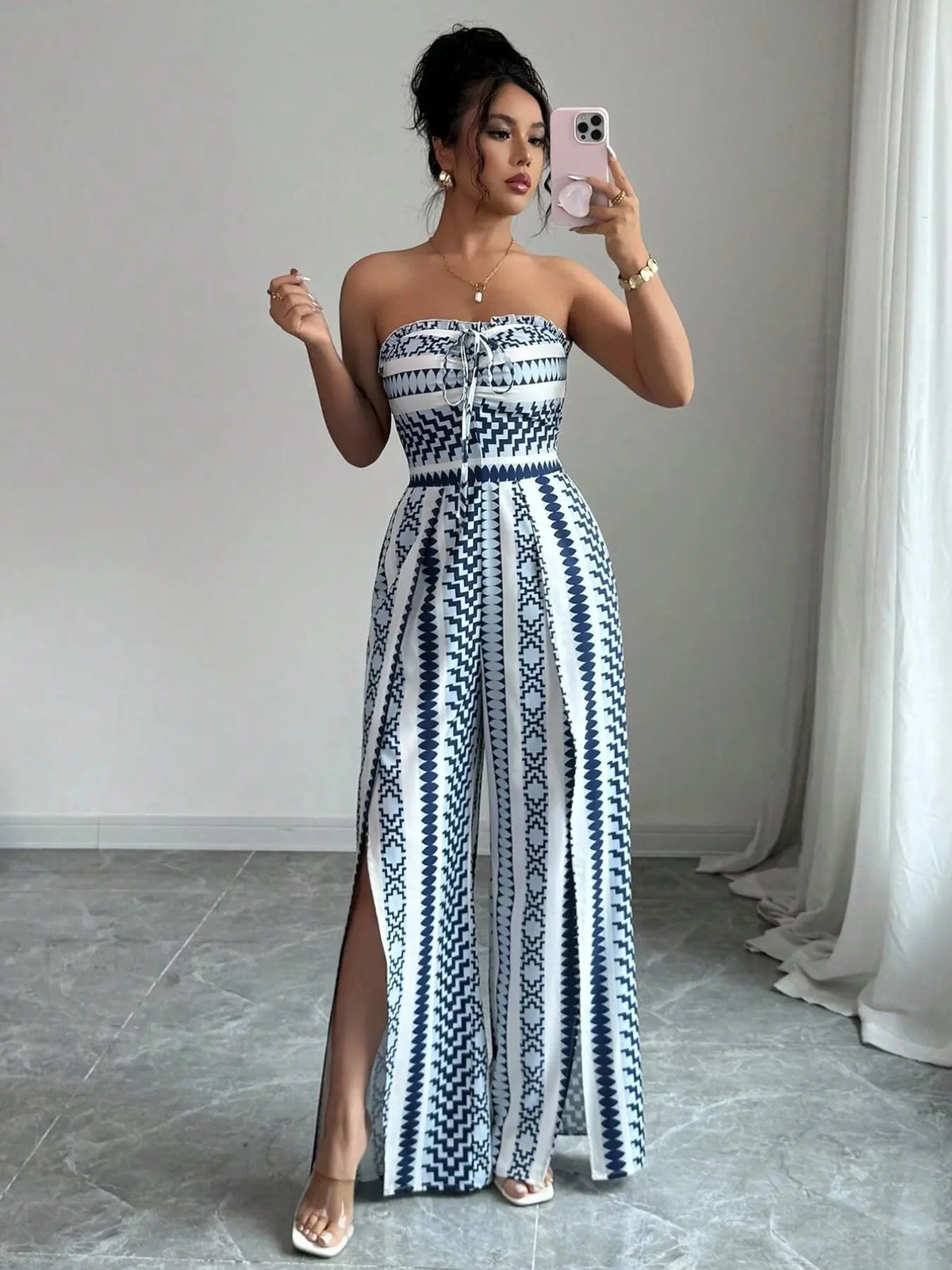 Breathable Flowy Wide Leg Geometric Printed Jumpsuit, Sleeveless Boho Style, Fit, High Waist, Leaf Print, Split Thigh Slit, Perfect for Beach, Work, Date Night