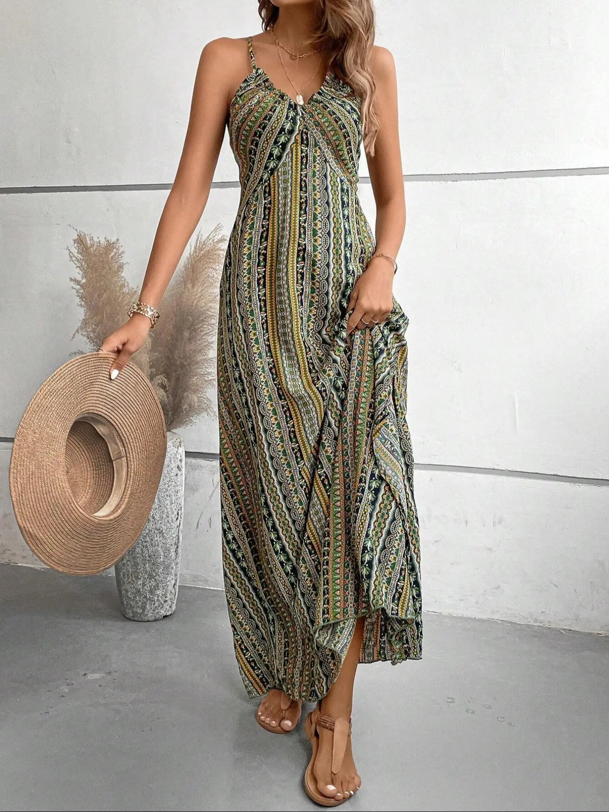 Women's Printed Split Long Sleeveless Dress, Classic Stripe Design, Backless Criss Cross Strap, Spring Summer Fall Wear, Casual Boho Elegant Bohemian Style Womenswear, Boho Summer Dresses