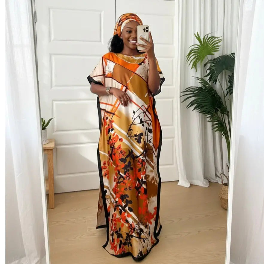 Women's Short-Sleeve Casual Navy & Red Floral Line Art Silky Modest Maxi Bubu Dress Set, Trendy Clothes for Women, Stylish Maxi Dresses
