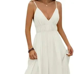 Yousify Women's Deep V-Neck Sleeveless Spaghetti Strap Boho Ruched Bust Maxi Dress - Casual Fashion Dress, Sleeveless for Easy Cooling, Brunch to Beach Wear, Tie Back, Minimalist Summer Basic