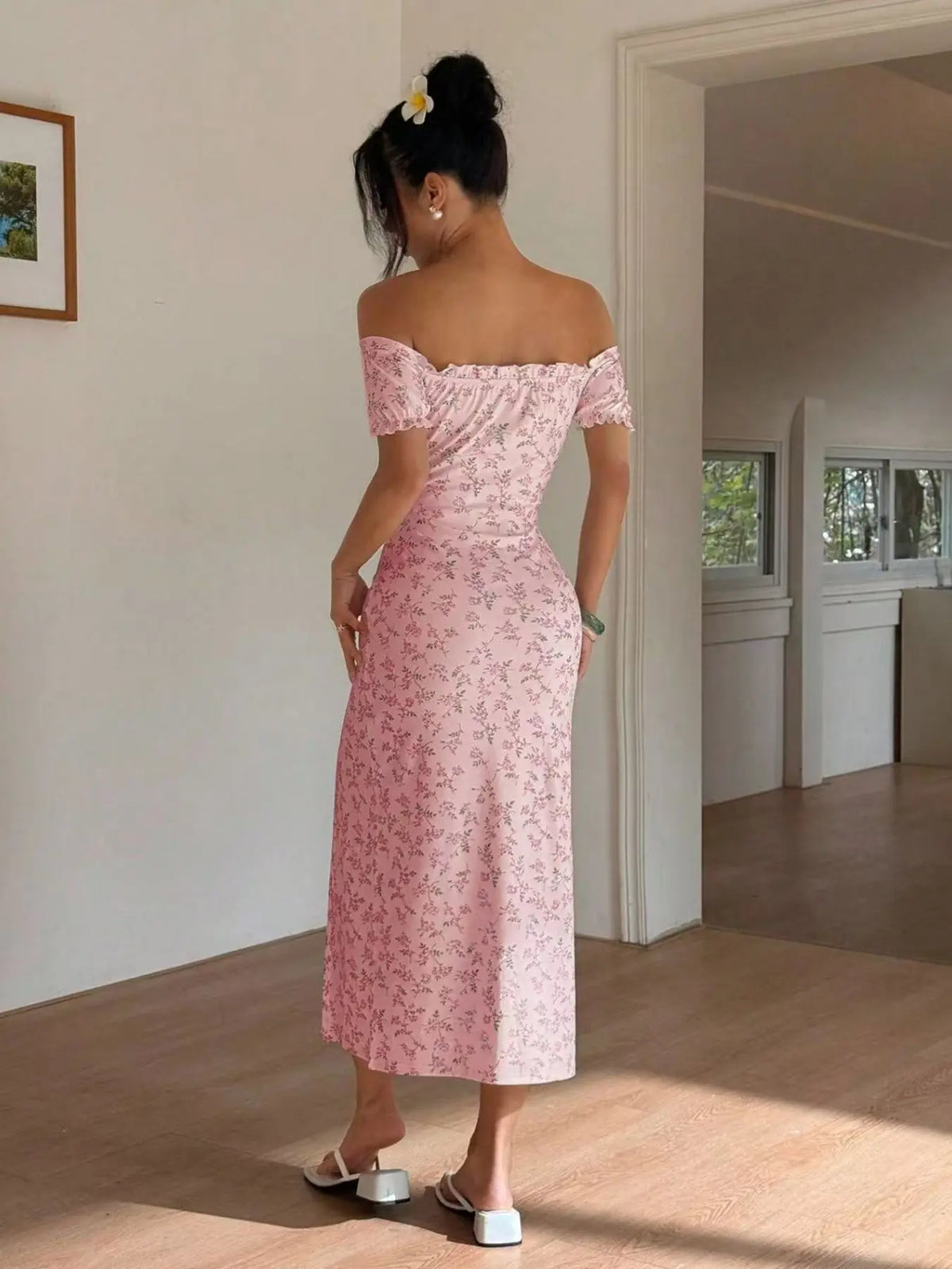 Summer Elegant Women's Ditsy Floral Bodycon Fit Dress, Floral Pattern Dress, Bohemian Style Casual Dress, Off-Shoulder Split Dress, Boho Lounge Dress, Perfect for Daily Wear, Holiday, Vacation