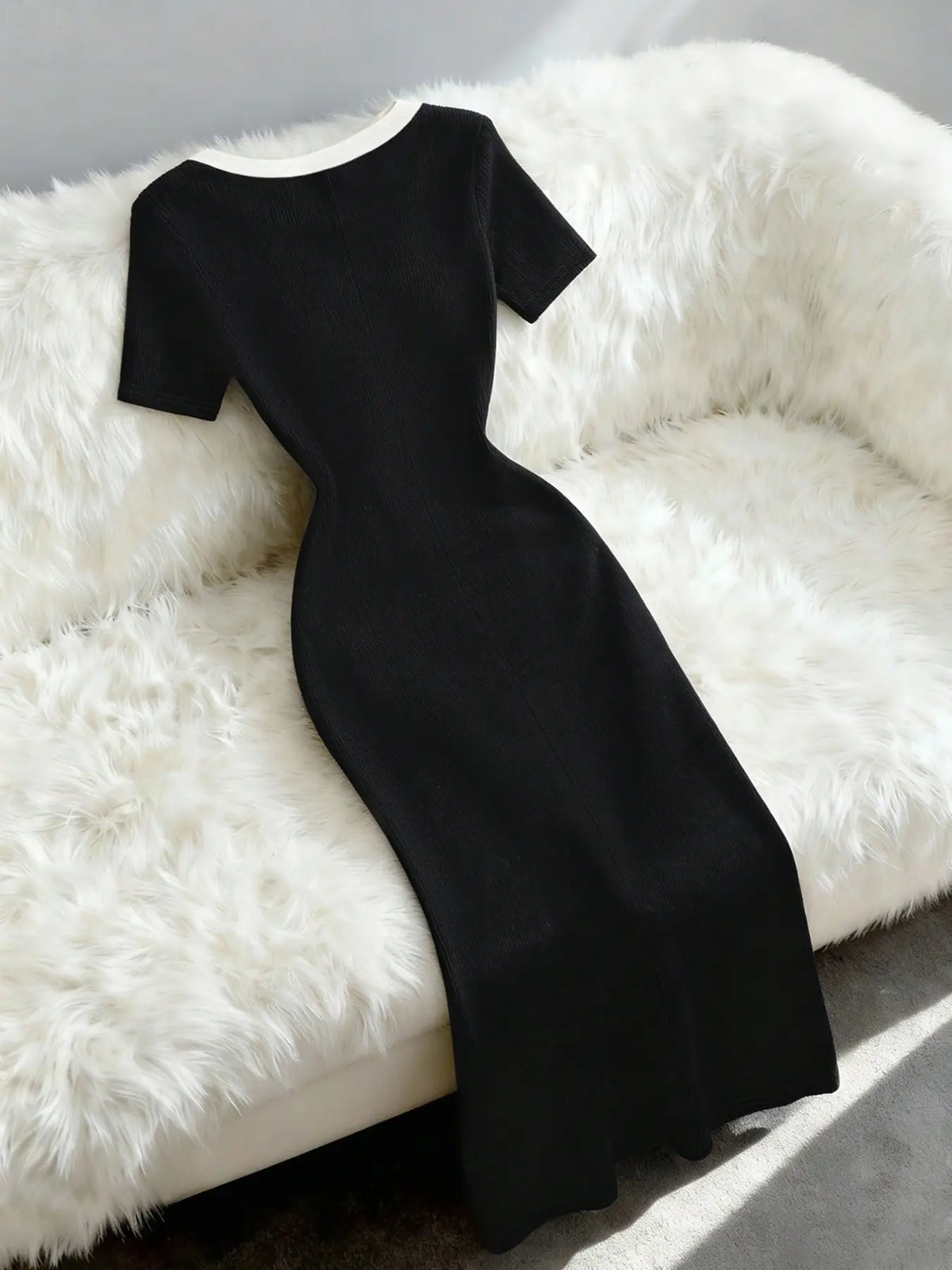 Elegant Knit Dress, Chic, Knitted, Short Sleeve Long Dress, Solid Color, Slim Fit, High Waist, French Style, Casual Wear, Office Wear, Date Night, Tea Time, Pear Shape