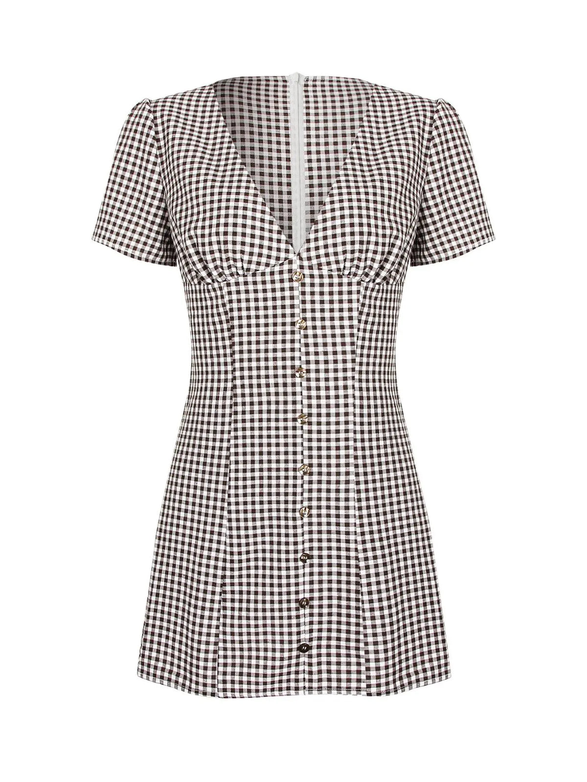 Women's Gingham Print Plaid Button Decor V Neck Dress, Casual Fashion Short Sleeve Dress for Daily Outdoor Wear, Ladies Clothes for Summer, Mini Dress, Summer Dresses