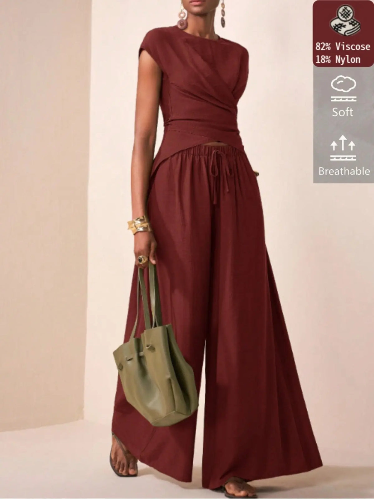 Women's Viscose Material Waist Cinched Sleeveless Blouse, Casual Minimalist Loose Long Pants Set, All Seasons Fashion Style, Pants Top Set