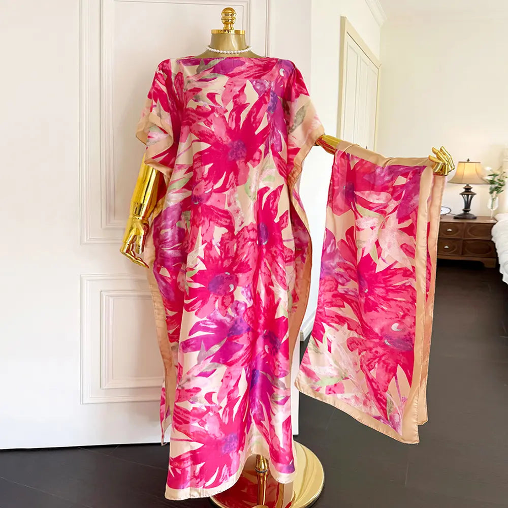 Women's Short-Sleeve Casual Navy & Red Floral Line Art Silky Modest Maxi Bubu Dress Set, Trendy Clothes for Women, Stylish Maxi Dresses