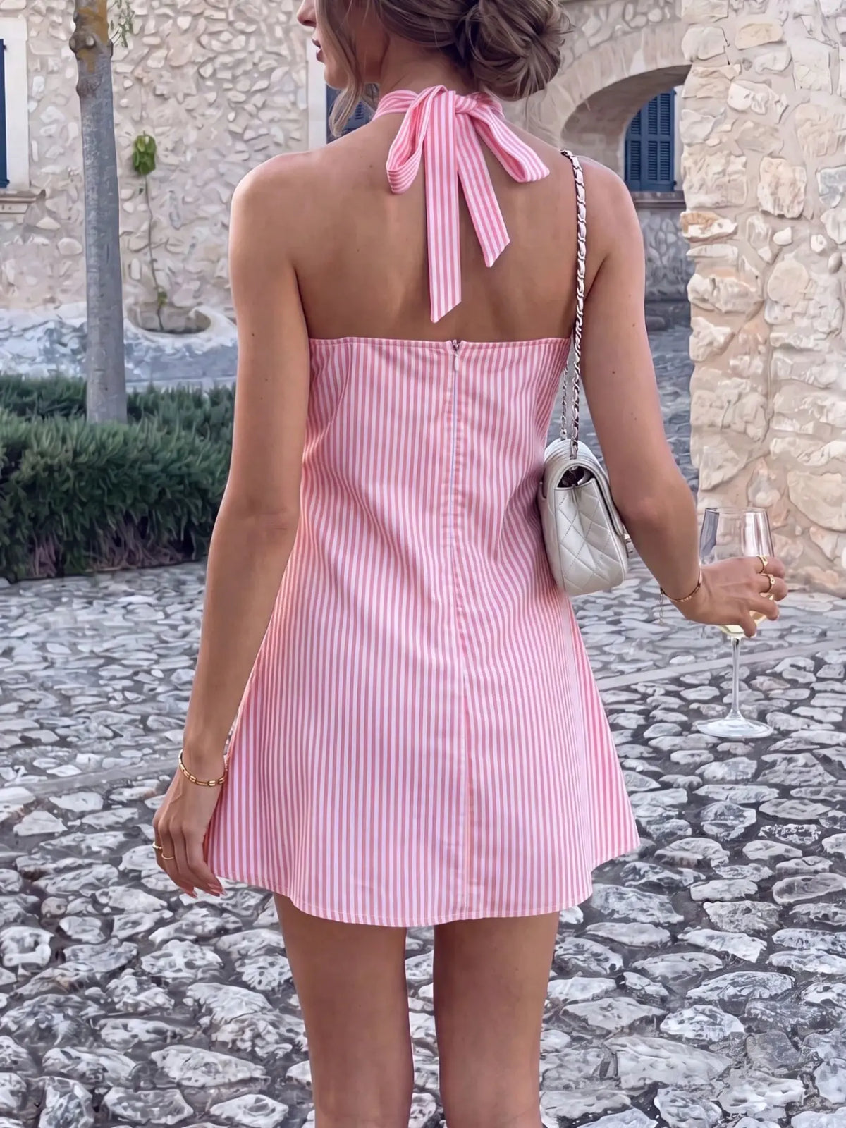 Women's Striped Halter Dress, Hollow Out Knot Tie Design, Short Sleeveless, Stripe Pattern, Beach Style, Summer Tank Dress