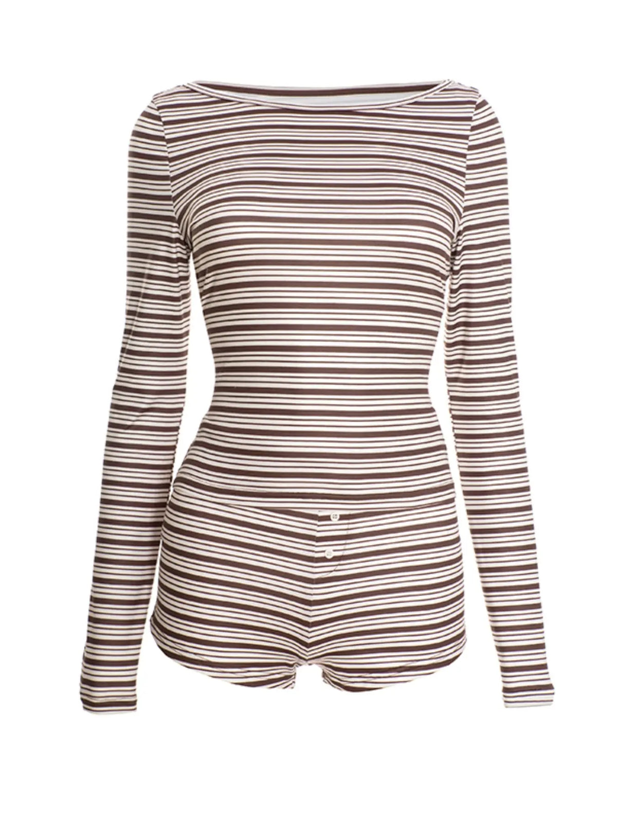 Women's Fashion Striped Fitted Long Sleeve Top & Button Decorated Shorts Set, Comfortable Casual Summer Clothes for Home & Daily Wear, Casual Matching Set, Casual Everyday Set
