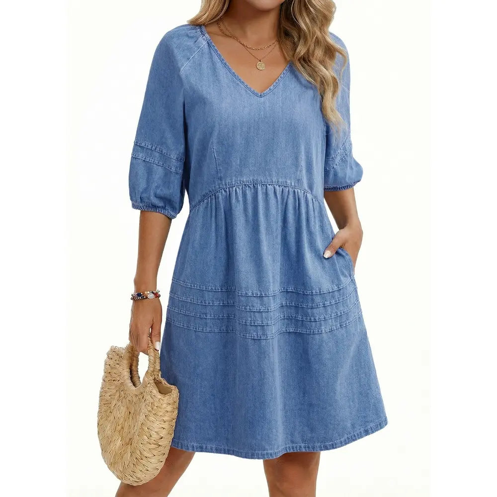 Dokotoo Denim Dress for Women Casual V Neck Puff Short Sleeve Mini Jean Dress Cute Back Tie Summer Dresses