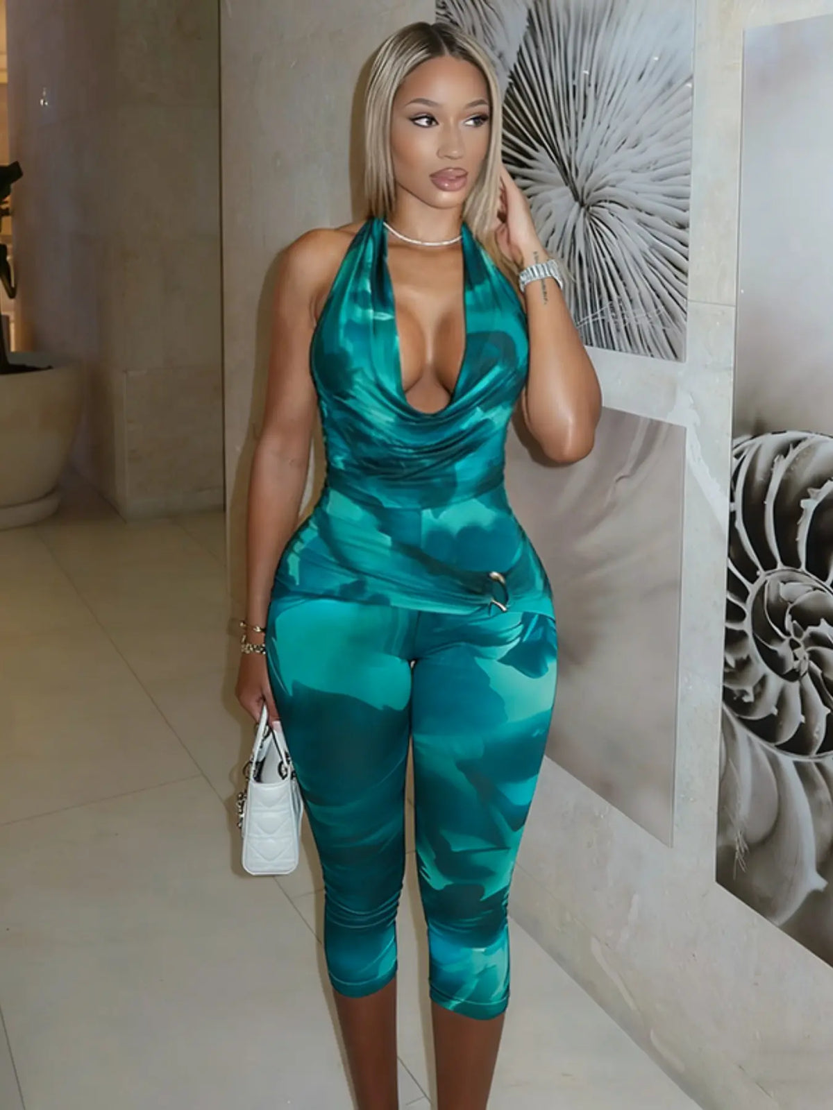 Women's Two-Piece Set, Chic Halter Backless Fitted Top & High Waist Capri Pants, Trendy, Going Out Sets, Perfect for Dates & Vacations