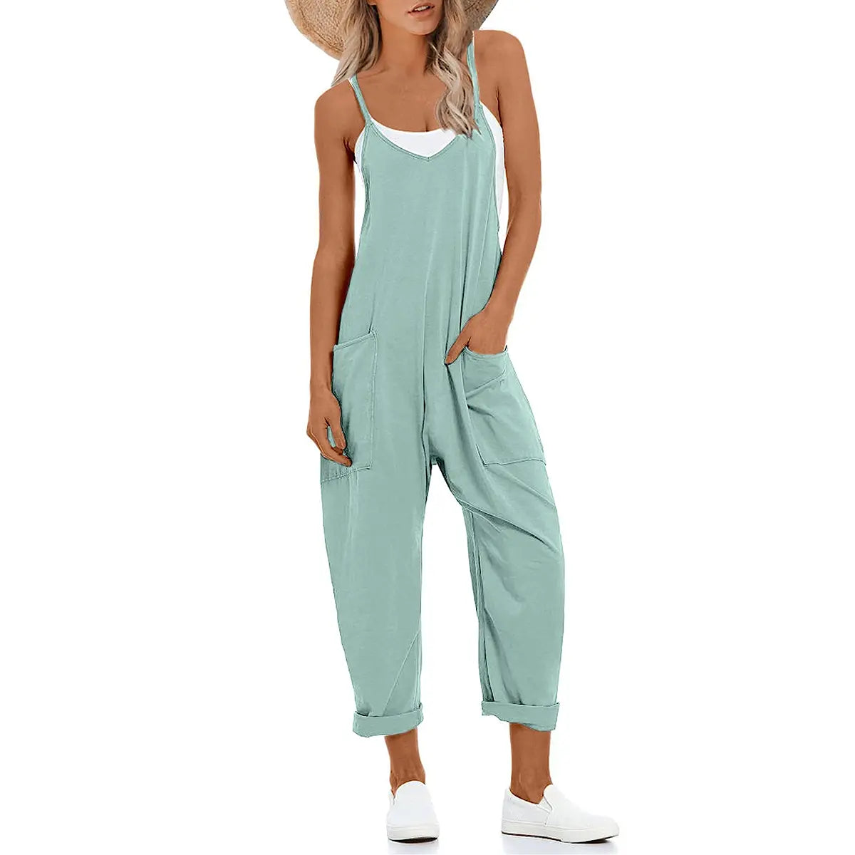 Tanming Lady's Casual Strappy V-Neck Sleeveless Harem Overalls - Stretchy Adjustable Strap Romper with Pockets, Fashion Apparel Clothing for Women, Spring-Summer Statements, Women's Clothes, Clothes For Women