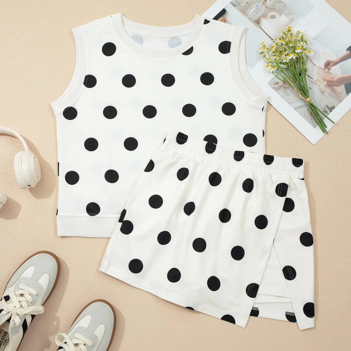 Asvivid Women's Ribbed Trim Polka Dot Print Tank Top and Split Mini Skort 2pcs Set Womenswear Summer Clothes