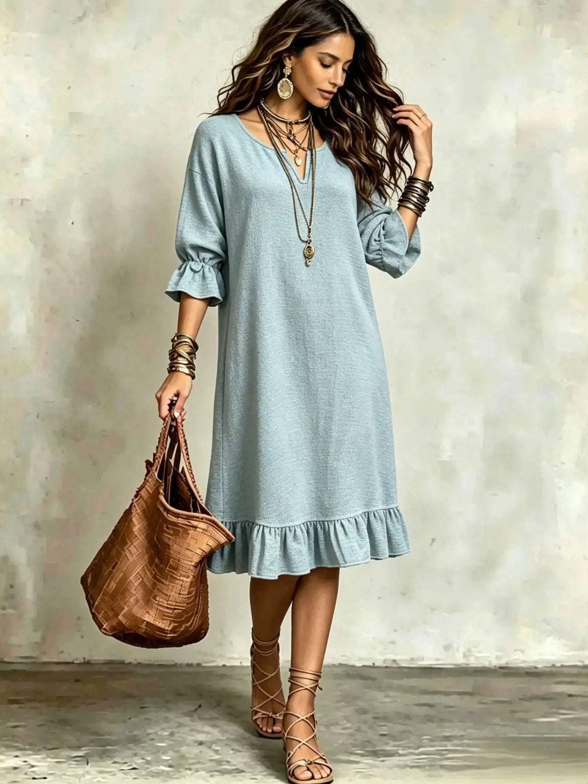 Boho-Style Bohemian Round-Neck Ruffle Three-Quarter-Sleeve Dress, Loose-Fit A-Line Midi Dress, Perfect for Summer Vacation, Chic, Comfortable and Stylish, Boho Style Dresses