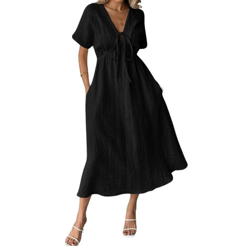 Chouyatou Women's Lightweight Solid Cotton Fabric Dress - V-Neck, Short Sleeve, Adjustable Drawstring, Elegant Bohemian Style, Loose Casual Beach Dress with Pockets, Casual Wear, Shortsleeve, Breathable, Lady, Fashion Apparel, Sun Dress, Beach Outfits