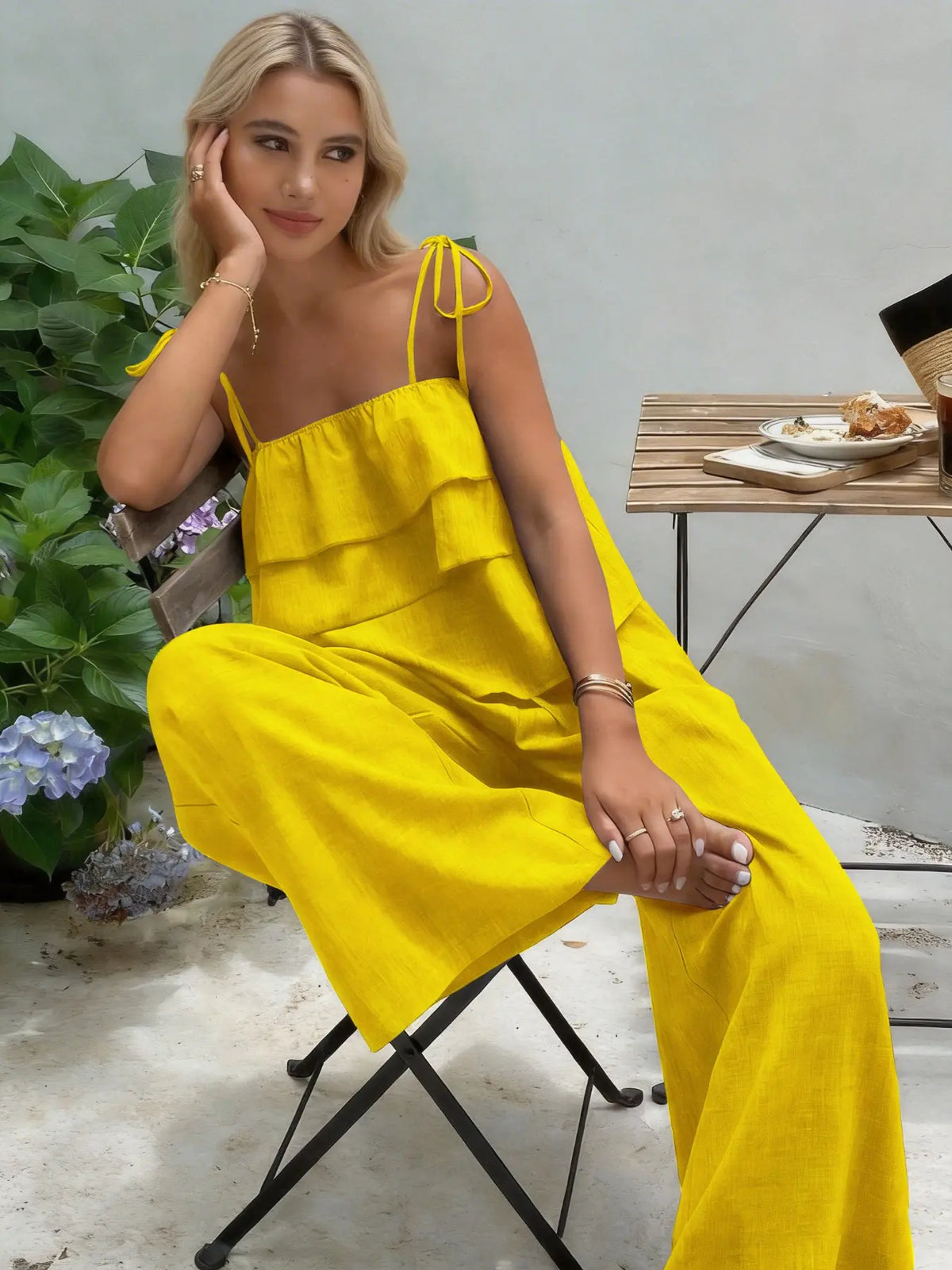 2-Piece Women's Sleeveless Ruffle Top & High Waist Casual Pants Set, High Waisted Sets, Coordinate, Clothes, Comfortable and Trendy Outfits, Stylish Summer Wear