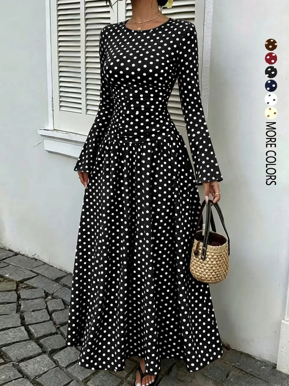 Women's Polka-Dot Fitted Long-Sleeve Maxi Dress with Flared Sleeves and Ruched Waist, Casual Dress for Daily Wear, Dates and Commuting, Brunch Dresses, Everyday