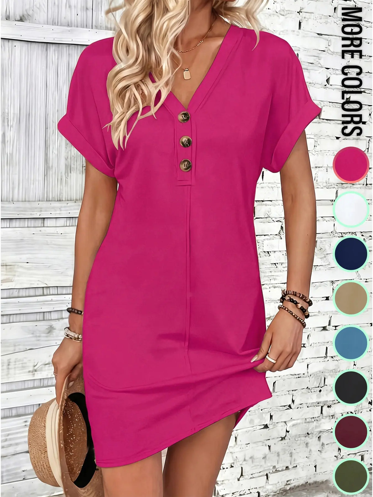 Women's Plain Button V Neck Tee Dress, Casual Short Sleeve Batwing Sleeve Short Dress for Summer, Fashion Women's Dress, Minimalist