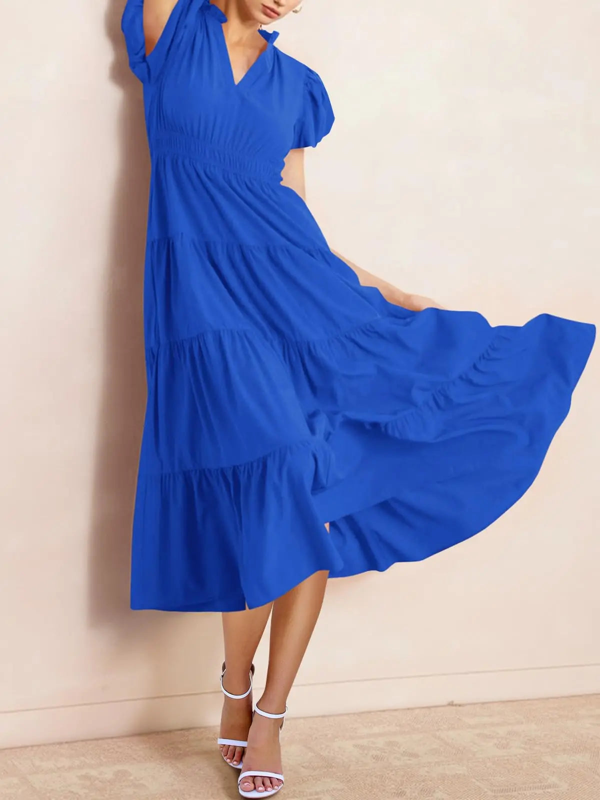 Wenrine Women's Woven Casual Summer Dress - Deep V-Neck, Puff Short-Sleeves, Elastic, Comfortable, Flowy Tiered A-Line Midi, Beach Wear