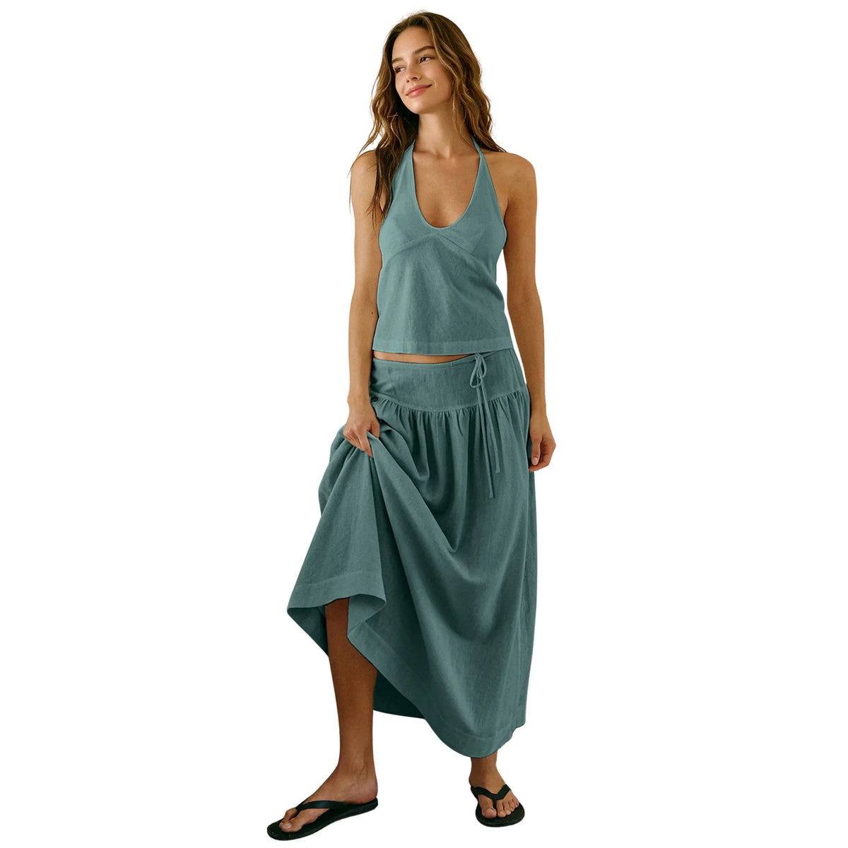 YeeZaa 2 Piece Linen Skirt Set for Women 85%Cotton & 15%Linen Summer Outfits Sandshell Linen Skirt Set Sleeveless Halter Open Back Top Maxi Skirt Two Piece Sets with Pockets Cotton Blend Resort Vacation Casual Beach Travel Wear