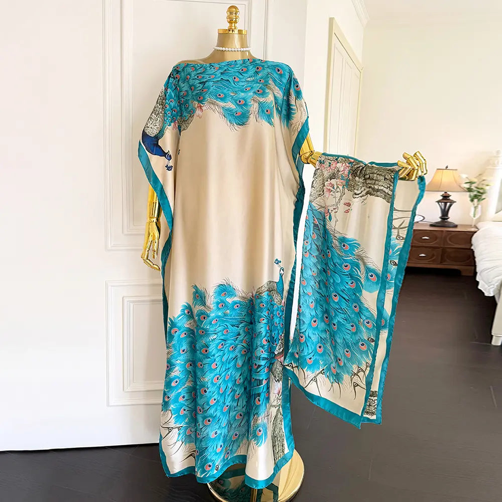 Women's Short-Sleeve Casual Navy & Red Floral Line Art Silky Modest Maxi Bubu Dress Set, Trendy Clothes for Women, Stylish Maxi Dresses