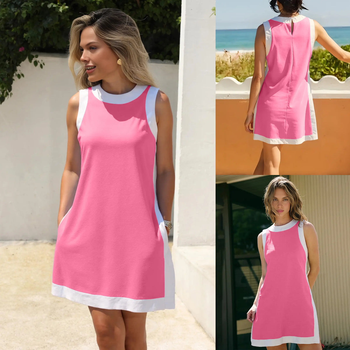SCUSTY Women's Casual Summervibes Two Piece Sets Color Block Crewneck Sleeveless Pullover Tops Matching Shorts With Pockets 4th of July Independence Day Outfit