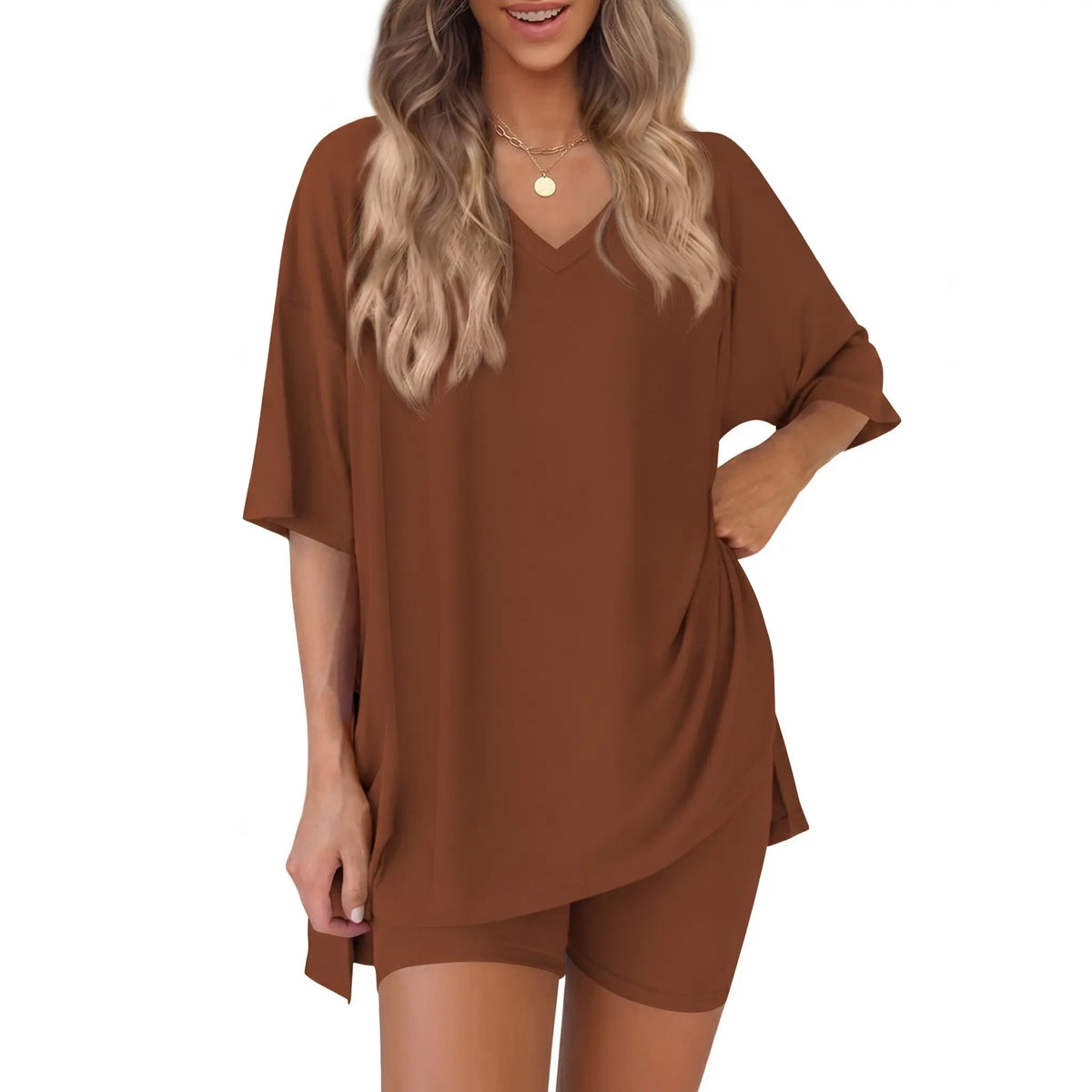 Women's 2 Piece Outfits Summer V Neck Oversized Short Sleeve T Shirt and Biker Shorts Lounge Sets Casual Activewear Tracksuits
