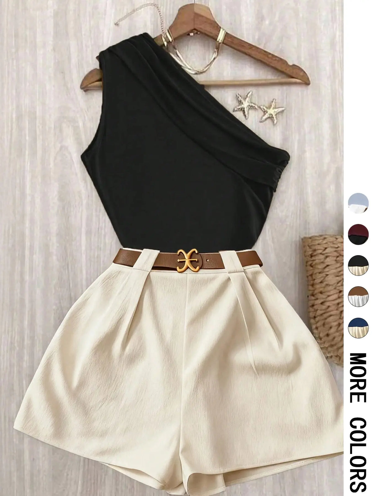 Contrast One-Shoulder Top & Pleated Shorts Matching Set - Ideal for Date Nights, Vacations & Brunch | Comfortable Two-Piece Set, Quiet Luxury Aesthetic - Trendy Baddie Outfit for Office & Going Out | Viral （No Belt） Office Wear