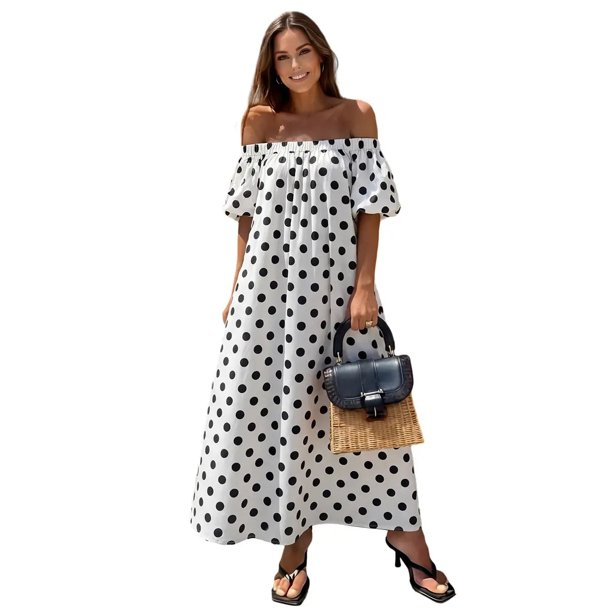 Florboom Women's Off Shoulder  Polka Dot Maxi Dress, Summer Causual Dress with Pockets for Vacation, Parties, and Beach,Summervibes Womenswear