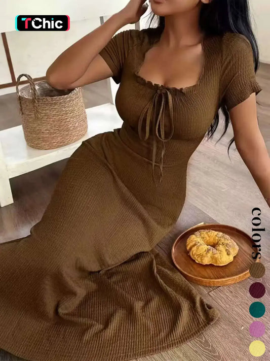 Women's Casual Long Dress Ruched, Slim Fit Short Sleeves Square Neckline Plain Design Basic Summer Dresses, Perfect for Daily Wear & Stylish, Ideal Gift Choice Womenswear Lady, Piece