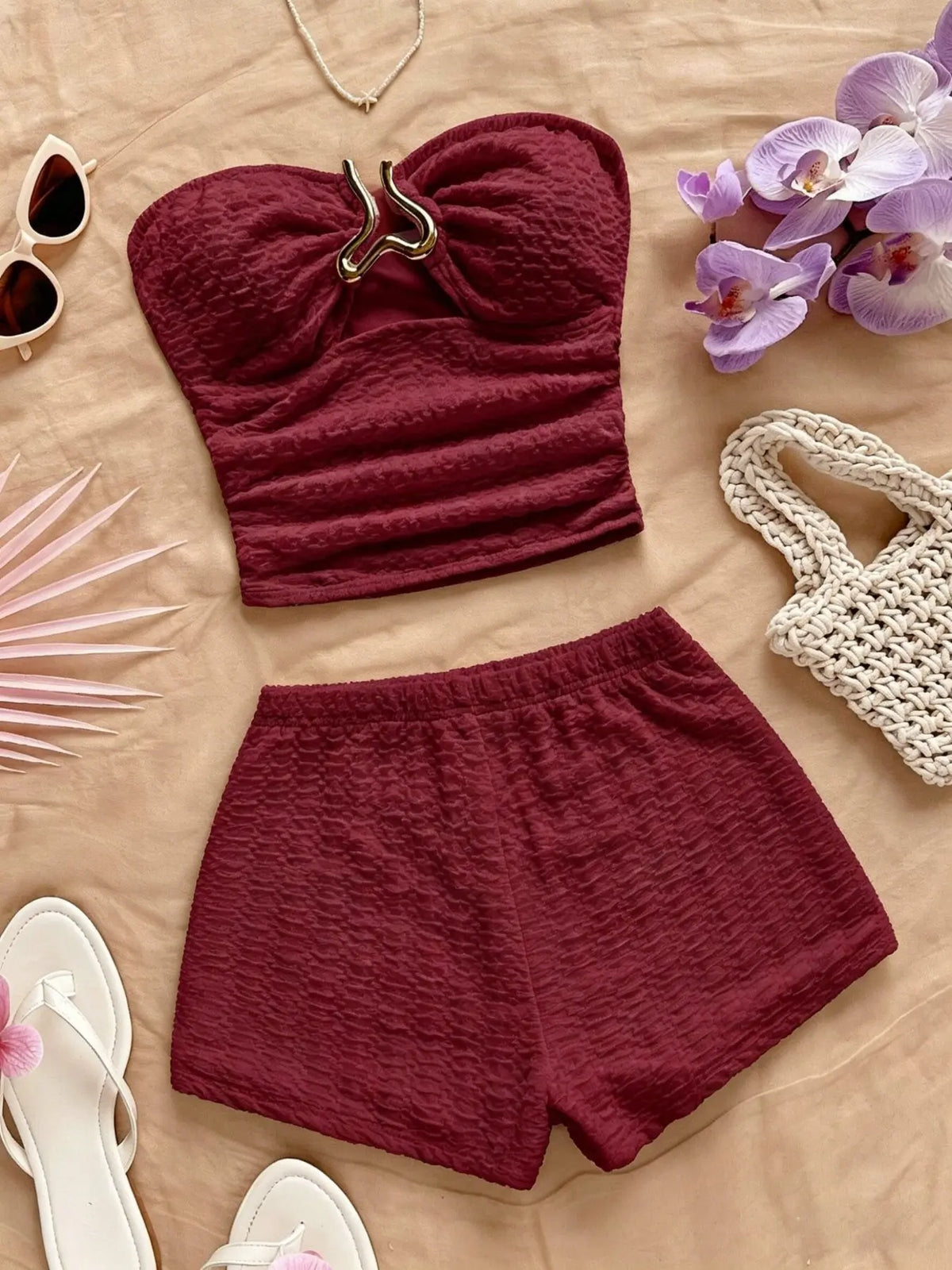 Summer Bohemian Romantic Sleeveless Elastic Knit Crop Top Buckle Two-Piece Short Set, Women's Fashion Casual Vacation Wear