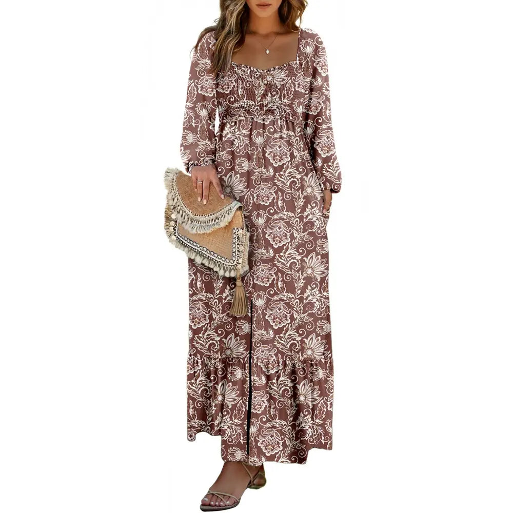 Dokotoo Womens Dresses Boho Floral Smocked Empire Waist Square Neck Long Sleeve Button Maxi Dress Beach Vacation Sundresses