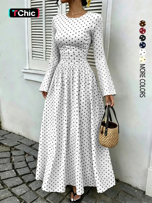 Women's Polka-Dot Fitted Long-Sleeve Maxi Dress with Flared Sleeves and Ruched Waist, Casual Dress for Daily Wear, Dates and Commuting, Brunch Dresses, Everyday